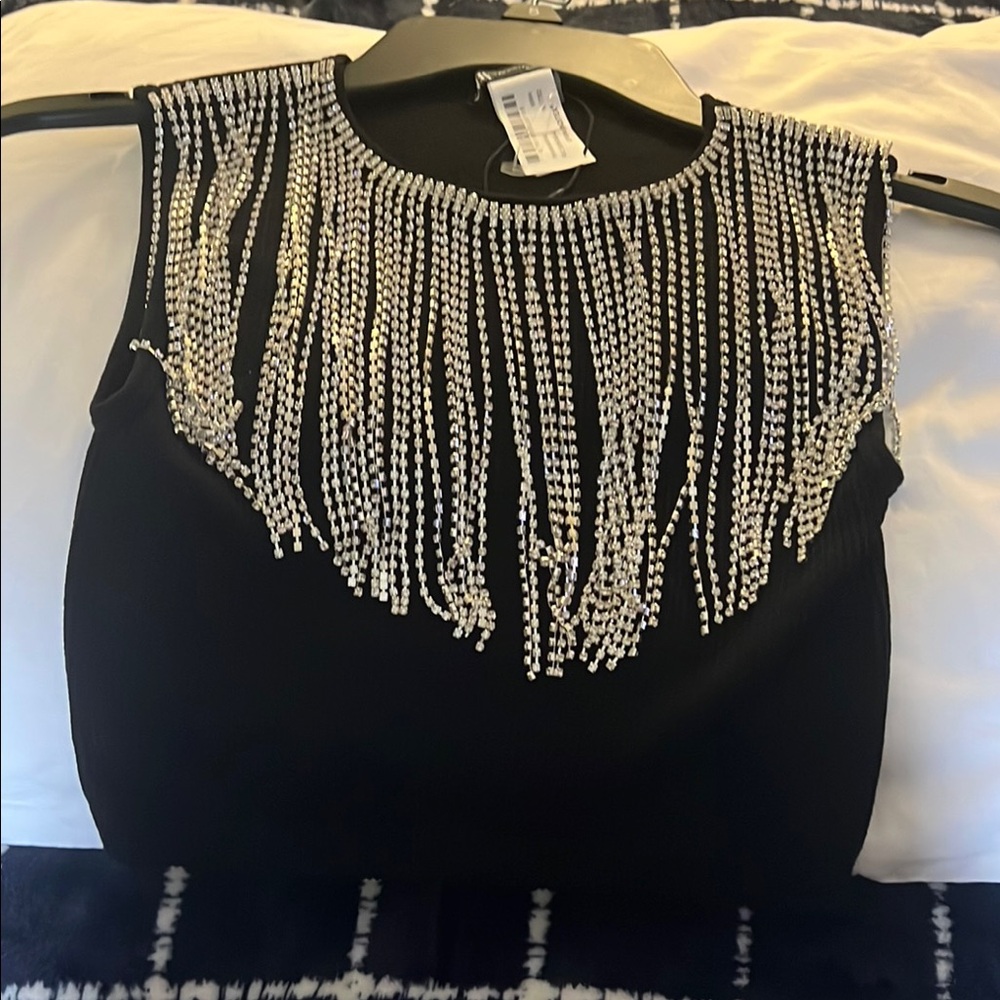 New Zara Black Sleeveless Top with Silver Beaded Fringe